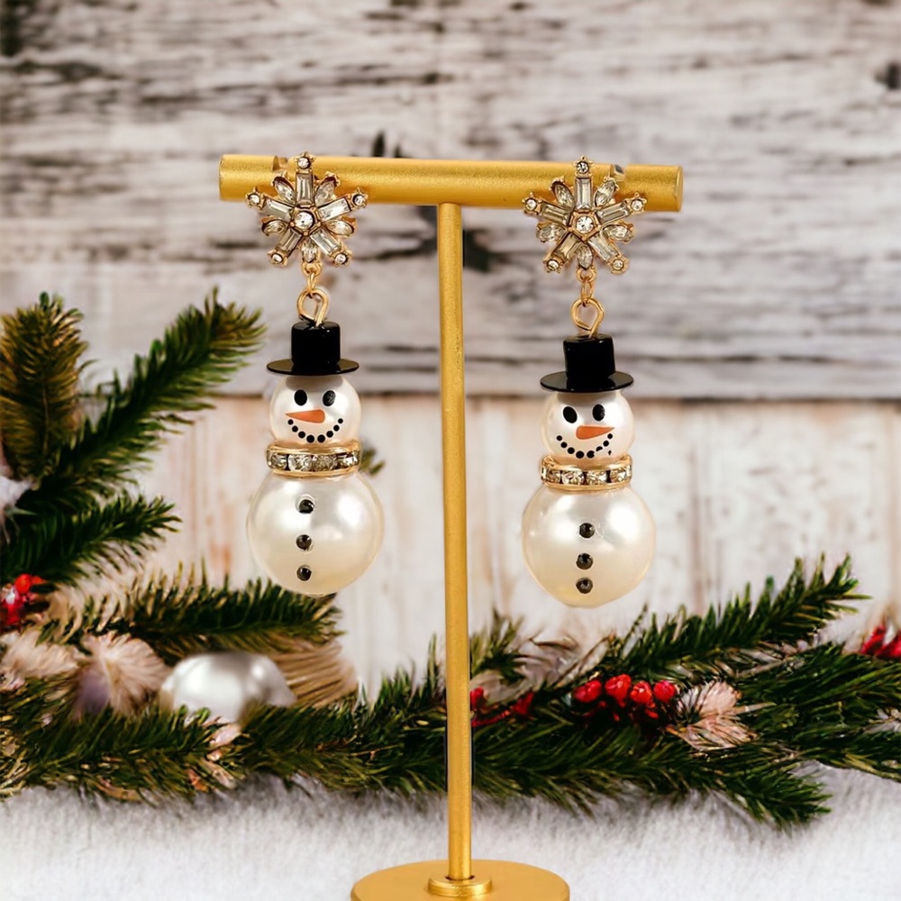 1pair Christmas Style Tassel Faux Pearl Snowman Dangle Earrings, Full Rhinestone